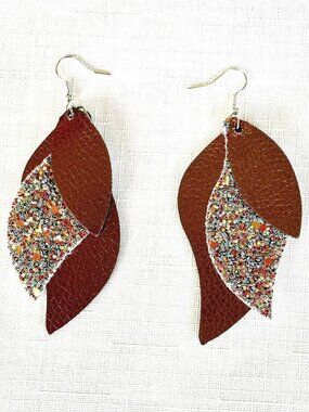 Layered Leaf Faux Leather Earrings Copper Brown Glitter Statement Festival